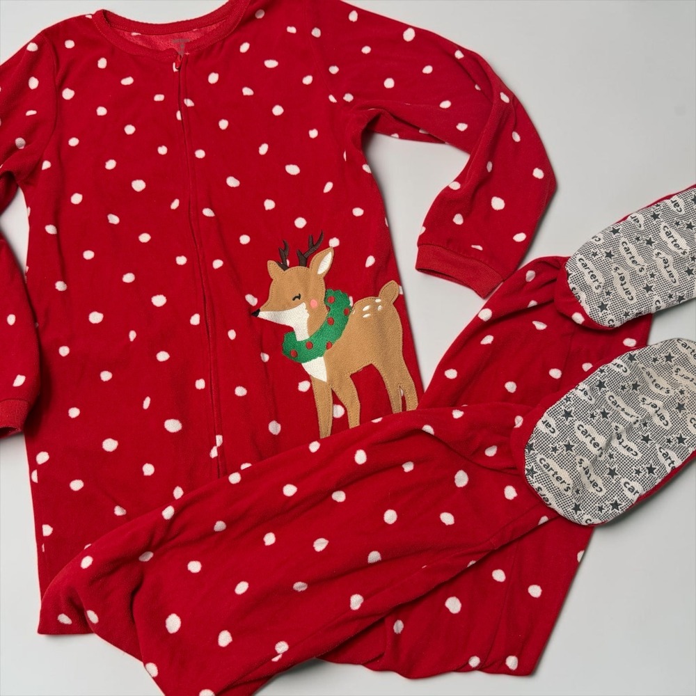 Carters Kids Girls 8 Red Polka Dot Reindeer Fleece Footed Pajamas PJ's Holiday